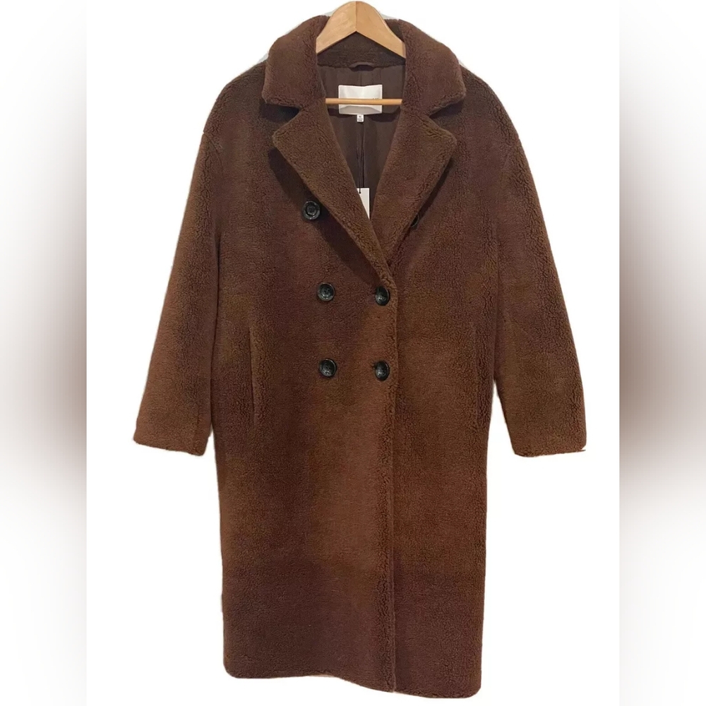 REBECCA MINKOFF Lou Wool Plush Pile Jacket Long Brown Size L - NEW